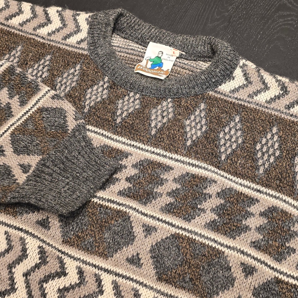 Woodman Vintage Geometric Fair Isle Sweater Mens‎ Large Brown Grey Wool Blend UK